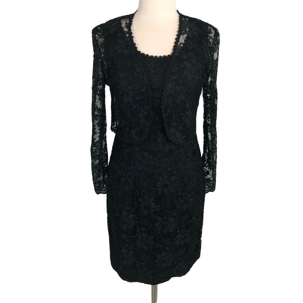 Evening Lace Jacket Dress Knee Length Scoop Neck Size 8 Bolero Vintage Panache